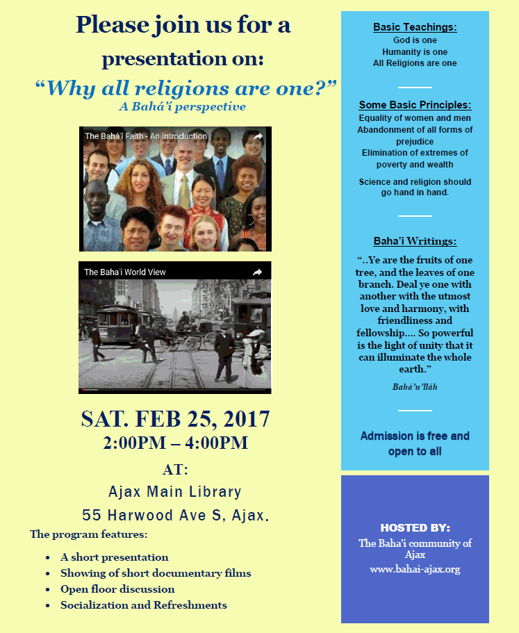 Public event on Saturday Feb 25, 2017 at Ajax Main Library
